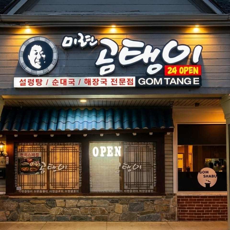Exterior of Gom Tange restaurant at dusk, with illuminated Korean signage and an "OPEN" sign.