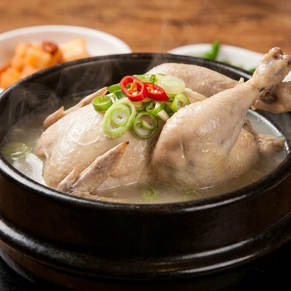 Steaming whole chicken soup, Samgyetang, garnished with red chilies and green onions, with side dishes.